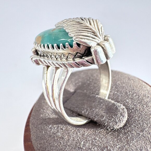 VTG Solid Sterling Silver 925 Turquoise Leaf Design Statement Ring Size 8.75 - Picture 2 of 8